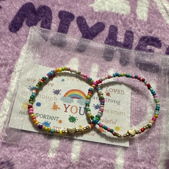 Accessories - 2 Boho Resin Beaded Stretch Bracelets w/ Heart Charm & positive affirmation card